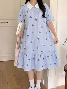 SHEIN 青少年女孩 Polo 領藍白條紋櫻桃印花短袖中長洋裝，返校季 - 藍色 - 查看 7