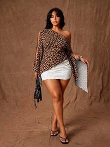 Rustia Plus Size Women Leopard Print Sexy One Shoulder Hollow Out Flare Sleeve Top - Brown - View 4