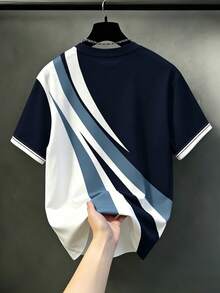 Manfinity Homme 男士休閒舒適上衣 大尺碼男士時尚T恤 男士優雅百搭上衣 - 藏蓝色 - 查看 2