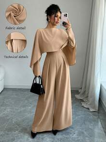 Elenzga Women's Elegant Stylish Long Sleeve Colllarless Ruched Waist Wide Leg Jumpsuit Fall Cloth For Women - Apricot - View 2