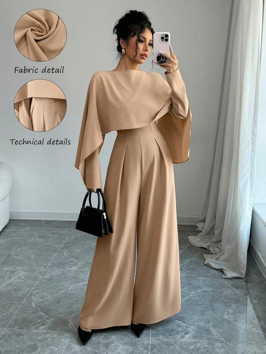 Elenzga Women's Elegant Stylish Long Sleeve Colllarless Ruched Waist Wide Leg Jumpsuit Fall Cloth For Women