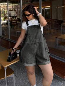 Dripcurv Plus Size Women's Pocket Casual Everyday Denim Romper - Black - View 6