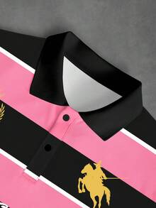 Manfinity EMRG Men's 2-Piece Set Black & Pink Horizontal Striped Knight Horse Print Short Sleeve Polo Shirt & Drawstring Shorts, Vintage Y2K Old Money Style Streetwear Outfit, Western Casual Summer Vacation Travel Club Music Festival Party Gathering Versatile Set - Multicolor - View 4