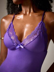 DreamPoppy 1pc Sexy Lace Trim Milk Silk Nightgown Sleepwear - Purple - View 7