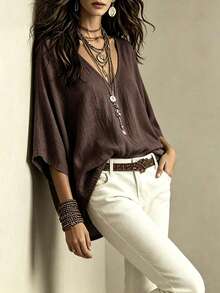 SHEIN 女款簡約休閒舒適寬鬆亞麻襯衫女上衣 - 巧克力棕 - 查看 4