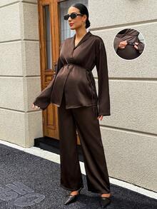 MaterniWear 孕婦純色長袖上衣與可調腰長褲 2 件套 優雅時尚性感休閒 秋季拍照棕色 - 棕色 - 查看 2