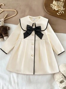 LMoss Kids 女童少女秋冬百搭時尚羊毛中長版大蝴蝶結大衣 - 黑與白 - 查看 2