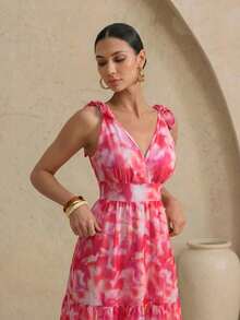 Swim Oasis Summer New V-Neck Tie-Front Printed Backless Full Skirt Dress Vacation Pink And White Tropical Romantic - Pink - View 5