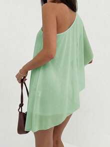 Aloruh Women's Solid Color One-Shoulder Mini Beach Vacation Dress For Vacation Mint Green Summer Sexy Tropical - Mint Green - View 2
