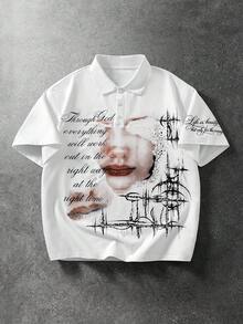 ROMWE MEN Street Life Men's Artistic Typography Portrait Print Streetwear Loose Fit Polo Shirt - White - View 1