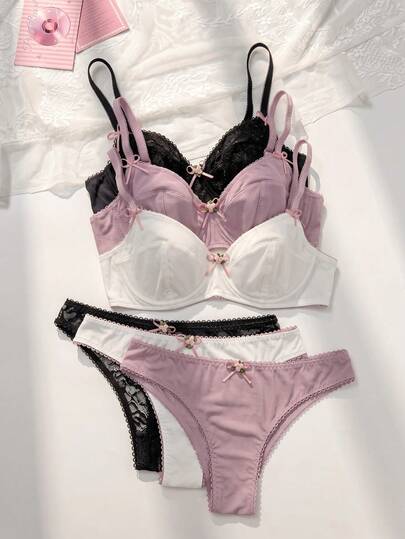 PetitDoll Conjunto de 6 piezas de sujetador copa slim y pantis de encaje romántico y calado, kawaii