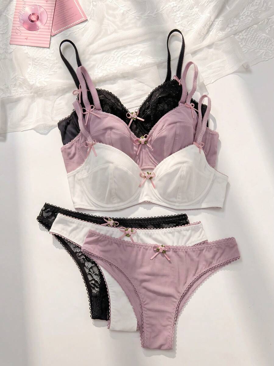 PetitDoll Romantic Lace & Hollow Out Nice Slim Cup Bra & Panty 6 Pieces Set, Kawaii - Multicolor - View 1