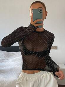DAZY Atasan Wanita Model Slim Fit Leher Bulat Lengan Panjang Motif Polkadot Warna Blok, Gaya Kasual, untuk Liburan Musim Semi dan Gugur. - Hitam - View 3