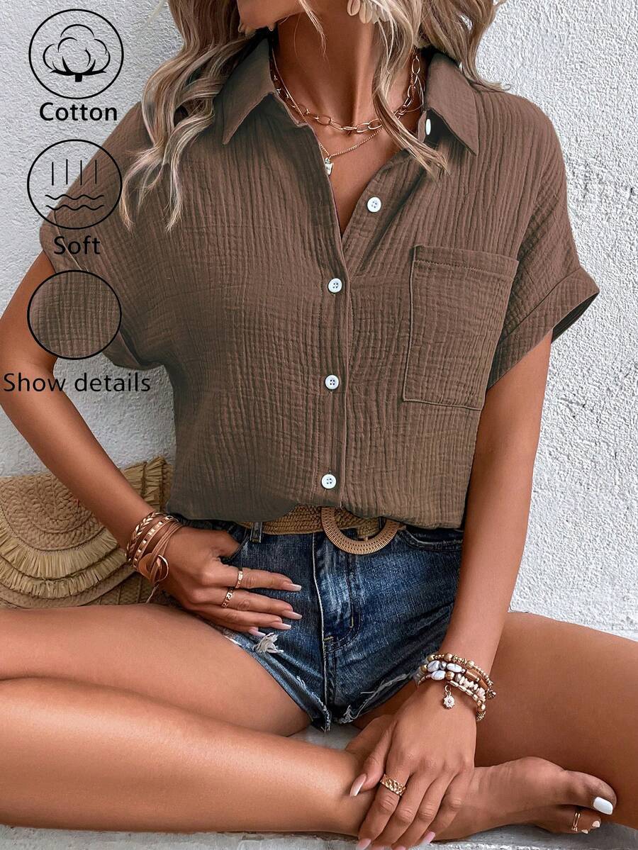 EMERY ROSE Camisa casual de botones de manga corta de unicolor con textura de tela para mujer, de verano - Café integral - Ver 1