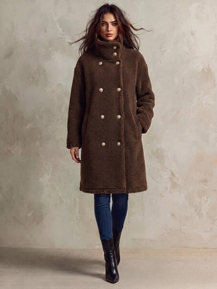 Franclia Women's Winter Fuzzy Stand Collar Double Breasted Mid-Length Coat - Brown - View 1