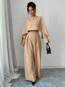 Elenzga Women's Elegant Stylish Long Sleeve Colllarless Ruched Waist Wide Leg Jumpsuit Fall Cloth For Women - Apricot - View 8