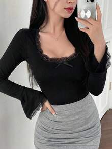 DAZY 女款素色對比蕾絲蝴蝶結裝飾長袖修身T恤 - 黑色 - 查看 5