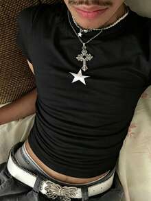 Manfinity Dauomo 男士修身版型T恤，小星星印花，頹廢街頭風，圖形設計，假期外出電音派對黑白配色夏季款 - 黑色 - 查看 1