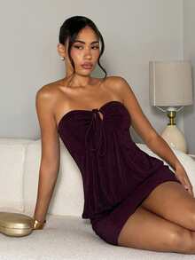 Glamine Flirty Purple Shimmer Knit Bandeau Bodycon Mini Dress Drawstring Ruched Y2K Summer Break Ibiza Miami Bachelorette Yacht Club Beach Party Outfit - Purple - View 3