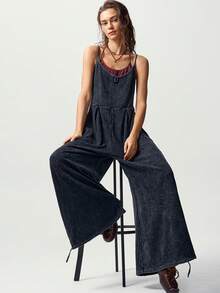 Bohemela Casual Knit Spaghetti Strap Wide Leg Women's Jumpsuit Vacation Dark Green Summer - Black - View 3