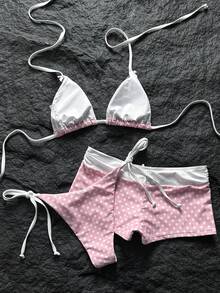 Swim Mod 女款春夏新款波點印花蝴蝶結裝飾V領掛脖露背三角比基尼套裝，含繫帶三角比基尼褲與低腰比基尼褲，3件組 - 粉色 - 查看 5
