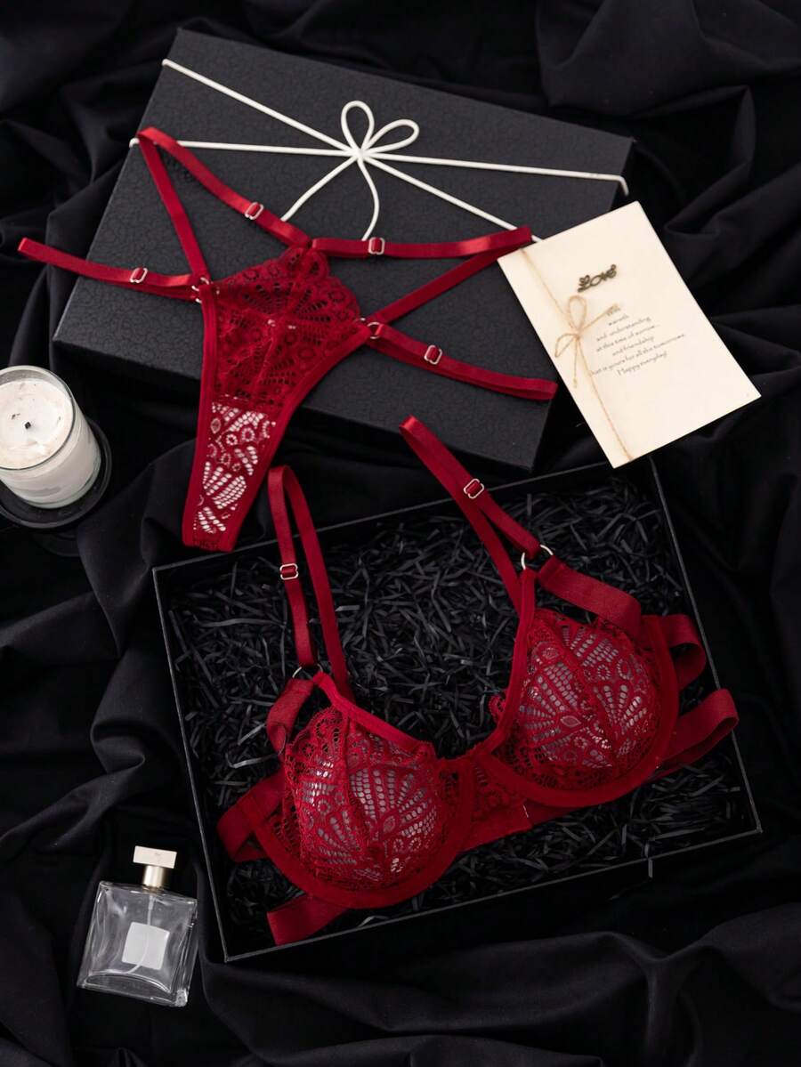 SHEIN 2件組橘色鋼圈內衣與內褲套裝,亮麗甜美風格 - 酒紅色 - 查看 1