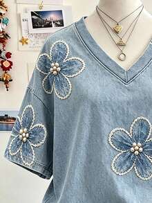 Lalippa Women's V-Neck Faux Pearl Floral Pattern Casual Daily Wear T-Shirt - Multicolor - View 3