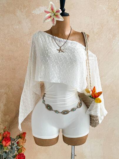 Soleia Bộ romper mini len dệt vân nổi vai lệch kiểu mới, phong cách Bohemian, phù hợp đi tiệc trà chiều, đi biển, du thuyền, road trip, du lịch thành phố, lễ hội âm nhạc và tiệc tùng
