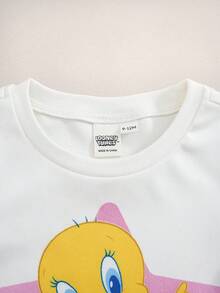 LOONEY TUNES X SHEIN Baby Girl Cartoon Print Top & Star Print Leggings Snug Fit Loungewear - White - View 3