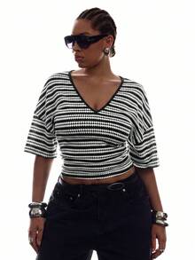 LYSMO Plus Size Women's Striped V-Neck Drop Shoulder Casual T-Shirt - Black and White - View 3