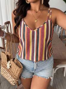 Travachic Camiseta sin mangas casual de talla grande con bloques de color y rayas para el verano - Multicolor - Ver 5