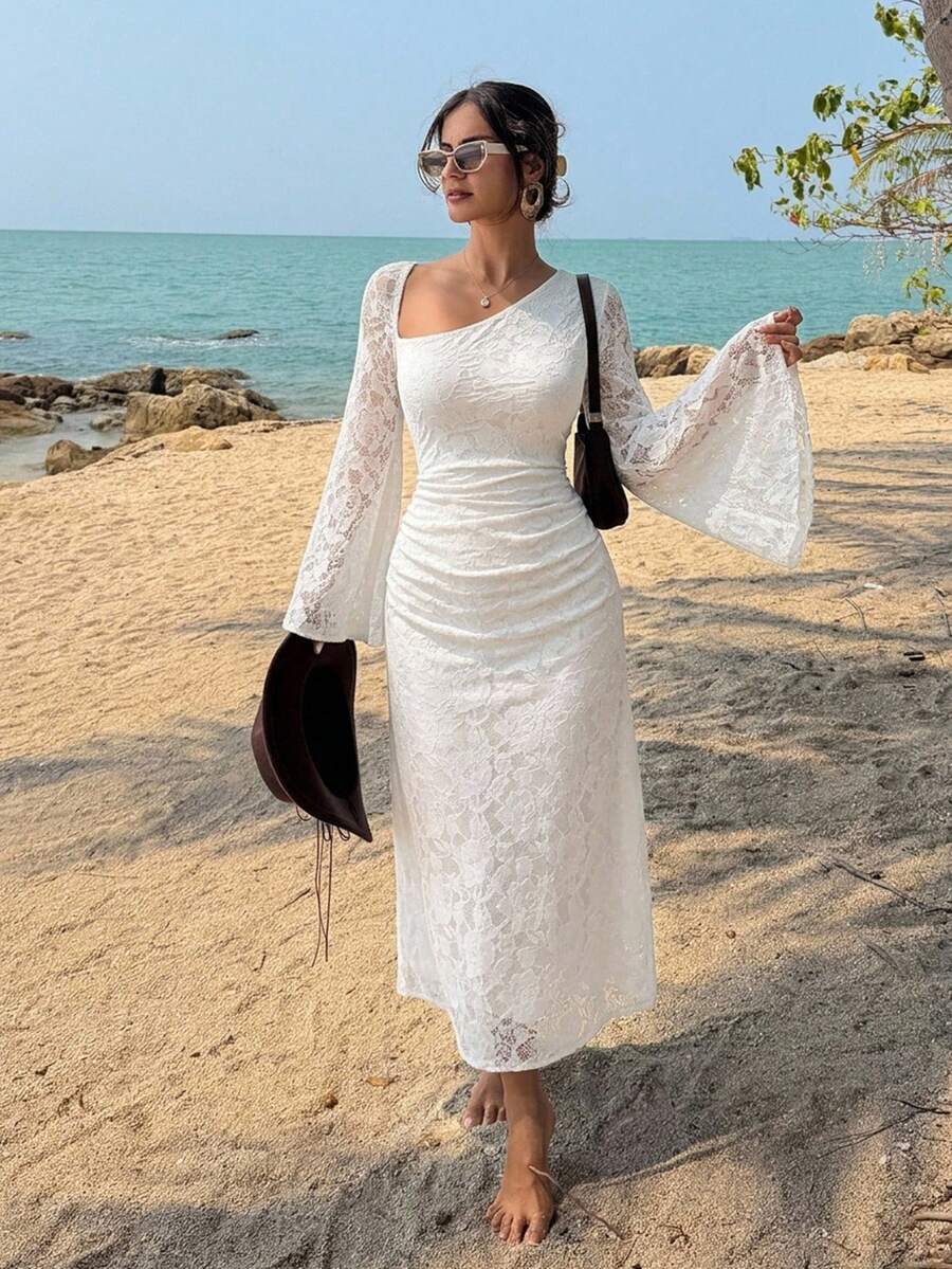 DAZY Women's Elegant Lace Asymmetric Ruched Long Dress, Spring/Summer Sundress - White - View 1