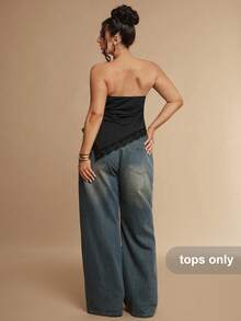 SHEIN BAE CURVE 大尺碼女款蕾絲飾邊休閒百搭日常穿搭抹胸上衣 - 黑色 - 查看 5