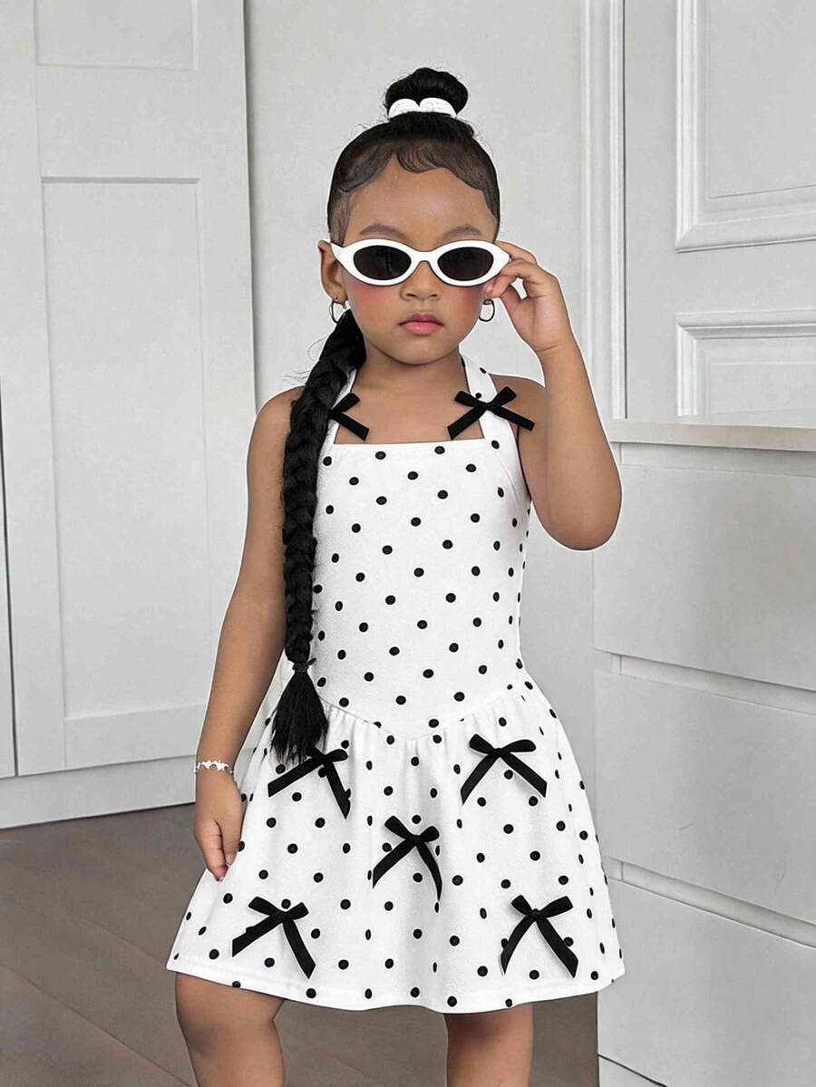 Young Girls Casual Daily Cute Polka Dot Halter Neck Dress, Autumn/Winter - Black and White - View 1