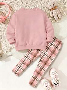 Rosa, Estampado de Patrón de Lazo Geométrico Casual, Sudadera de Cuello Redondo de Manga Larga Cómoda Suave y Cálida & Leggings para Niña Joven, Adecuado para Otoño/Invierno Diario, Año Nuevo, Estilo Callejero, Hogar, Vacaciones, Temporada Acogedora, Navidad - Multicolor - Ver 6