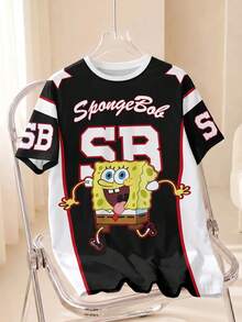 SpongeBob SquarePants | SHEIN 男式拼色字母和卡通图案短袖 T 恤，夏季 - 白色 - 查看 1