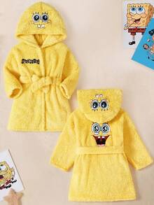 SpongeBob SquarePants | SHEIN 男婴卡通大脸刺绣毛绒腰带睡袍，秋冬家居服 - 黃色 - 查看 1