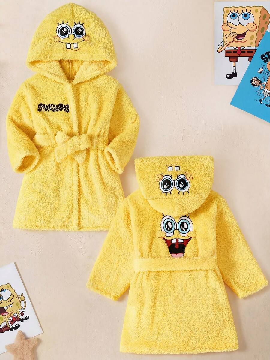 SpongeBob SquarePants | SHEIN 男婴卡通大脸刺绣毛绒腰带睡袍,秋冬家居服 - 黃色 - 查看 1