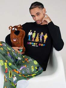 SCOOBY-DOO X SHEIN Men 2pcs/Set Cartoon Print Knit Black Long Sleeve Top And Long Pants Loungewear Set, Fall Winter Clothes - Black - View 1