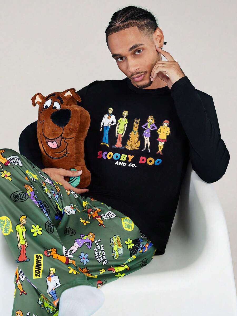 SCOOBY-DOO X SHEIN Men 2pcs/Set Cartoon Print Knit Black Long Sleeve Top And Long Pants Loungewear Set, Fall Winter Clothes - Black - View 1