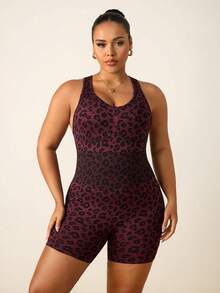 Slayform Rompi Olahraga Tanpa Lengan dengan Potongan Belakang Motif Leopard untuk Wanita Ukuran Plus - Hot Pink - View 3
