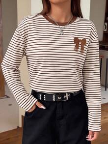 Comfortcana Women's Striped Patchwork Bow Print Casual Daily Long Sleeve T-Shirt - Multicolor - View 2
