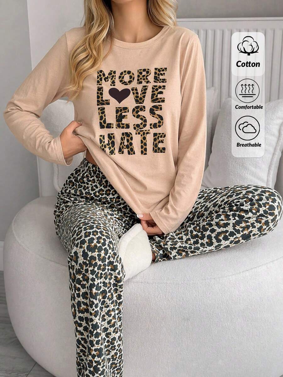 SHEIN طقم بيجامة نسائي قطني مقاس كبير بطبعة نمر وحروف وقلوب، أكمام طويلة وخصر عالي، قطعتان – متعدد الألوان - متعدد الألوان - مشاهدة 1