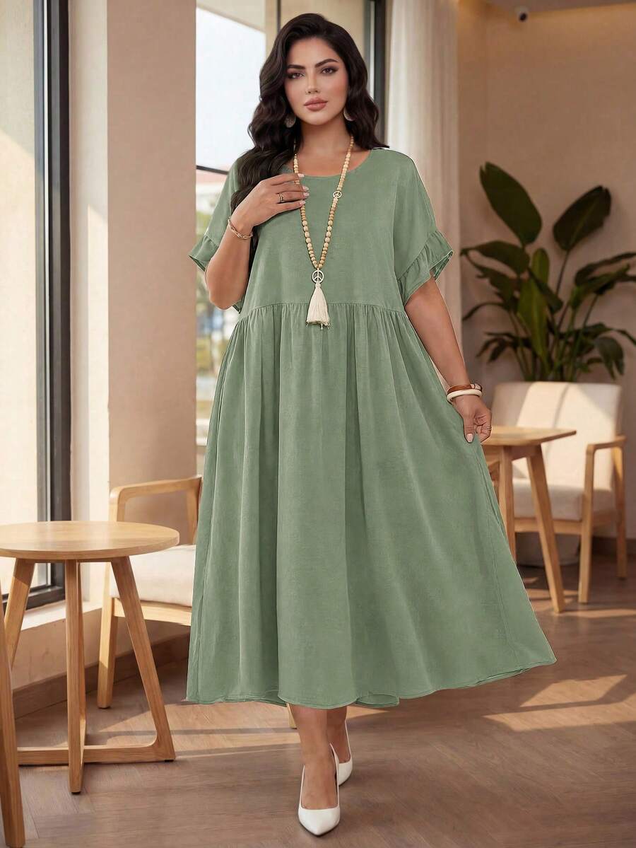 SHEIN Lady CURVE 大码女装春夏时尚休闲宽松舒适日常百搭显瘦荷叶袖口袋黑色中长连衣裙,简约风格,夏季穿搭,欧洲夏季 - 薄荷綠 - 查看 1