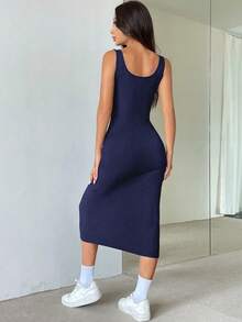 Flirla Button Front Square Neck Split Thigh Tank Dress Maxi Women Outfit - Blue - View 2