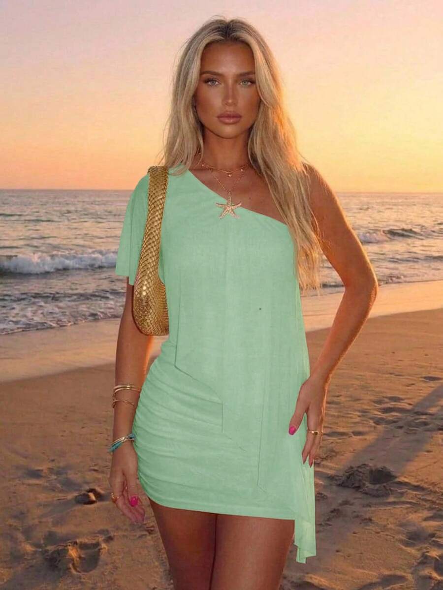Aloruh Women's Solid Color One-Shoulder Mini Beach Vacation Dress For Vacation Mint Green Summer Sexy Tropical - Mint Green - View 1