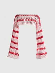 ROMWE Fairycore Women's Fashion Holiday Hollow-Out Sheer Color-Block Cropped Sweater - Pink - View 2