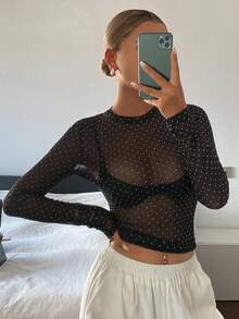 DAZY Atasan Wanita Model Slim Fit Leher Bulat Lengan Panjang Motif Polkadot Warna Blok, Gaya Kasual, untuk Liburan Musim Semi dan Gugur. - Hitam - View 5