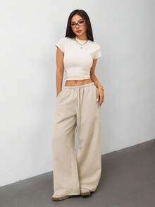SHEIN PETITE 杏色黑色多色女款長褲兩件套基礎百搭休閒裝，適合多種場合 - 彩色 - 查看 8