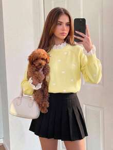 SHEIN Suéter para niña preadolescente con bordado de corazón, patchwork y dobladillo con volantes - Amarillo - Ver 7